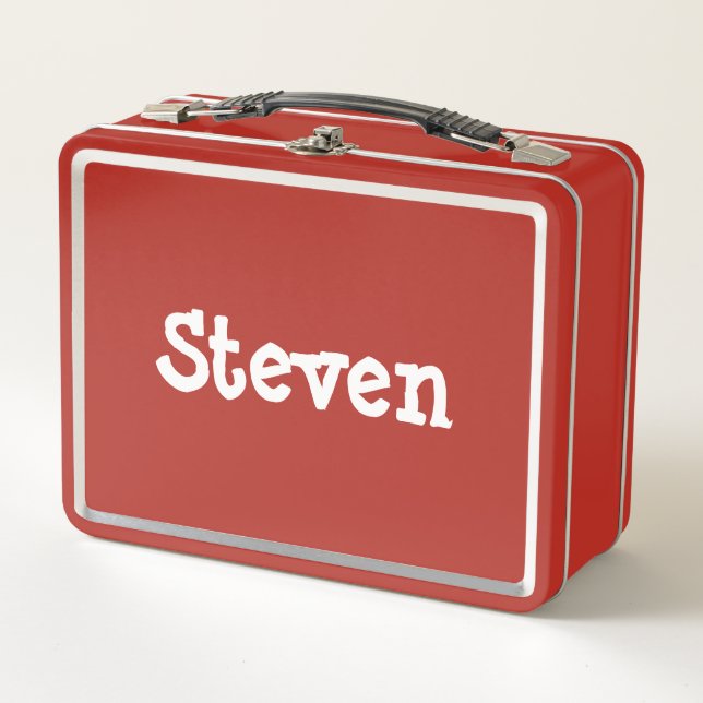 Kids Personalised Red White Whimsical Name Metal Lunch Box (Front)