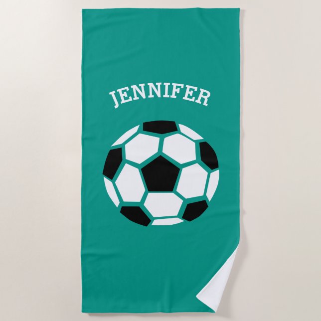 Kids Personalised Soccer Ball Green Sports Beach Towel (Front)