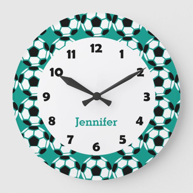 Kids Personalised Soccer Ball Pattern Sports Large Clock (Front)