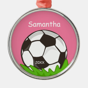 Kids Personalised Soccer Ball Pink Metal Tree Decoration