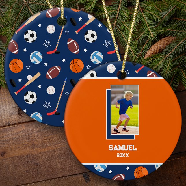Kids Personalised Sports Pattern Photo Christmas Ceramic Tree Decoration (Creator Uploaded)