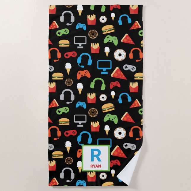 Kids Personalised Video Game Pattern Gamer Snacks Beach Towel (Front)