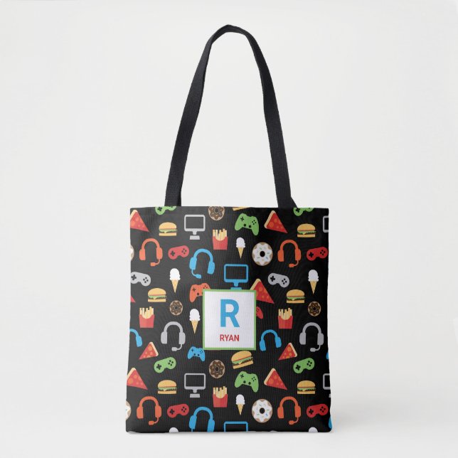 Kids Personalised Video Game Pattern Gamer Tote Bag (Front)