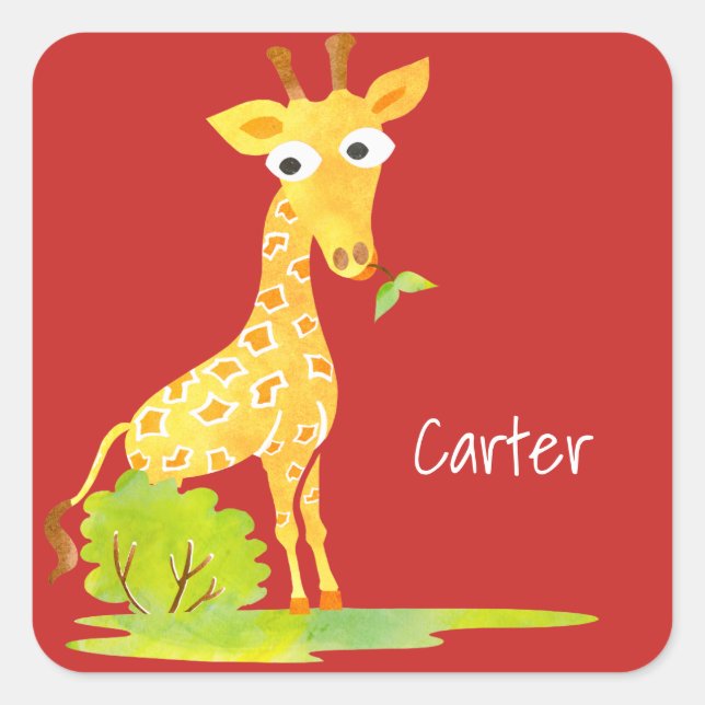Kids Personalised Watercolor Giraffe Red Square Sticker (Front)