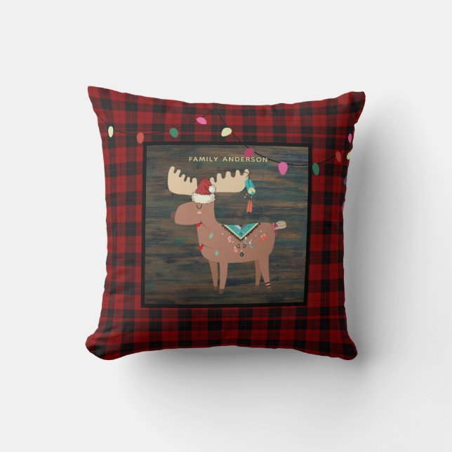 Kids Personalised Xmas MOOSE Buffalo Plaid Cushion (Front)