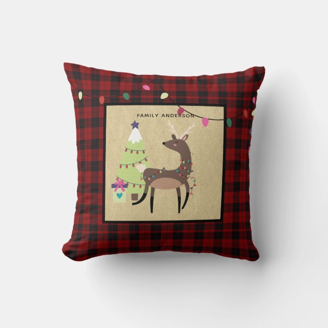 Kids Personalised Xmas Reindeer Deer Buffalo Plaid Cushion (Front)