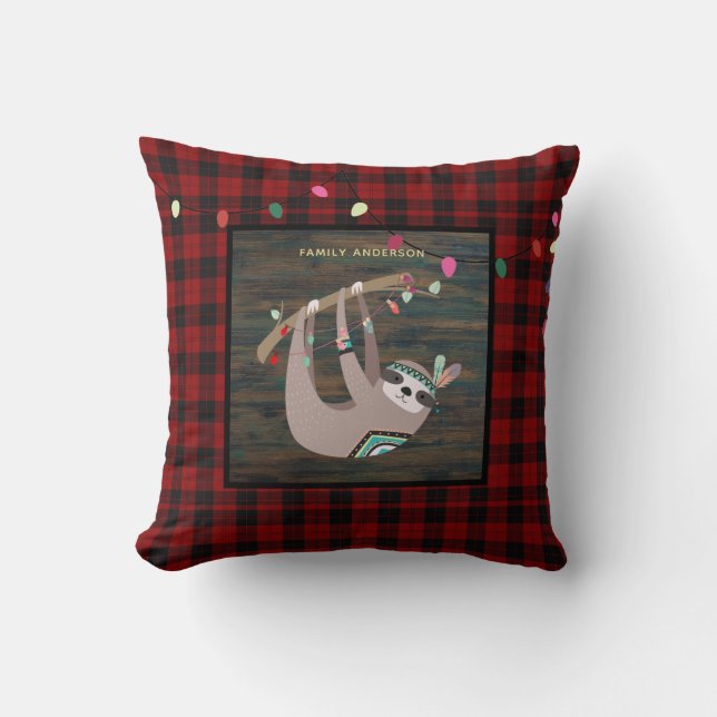 Kids Personalised Xmas SLOTH Buffalo Plaid Cushion (Front)