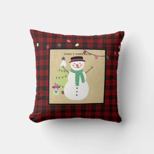 Kids Personalised Xmas Snowman Buffalo Plaid Cushion
