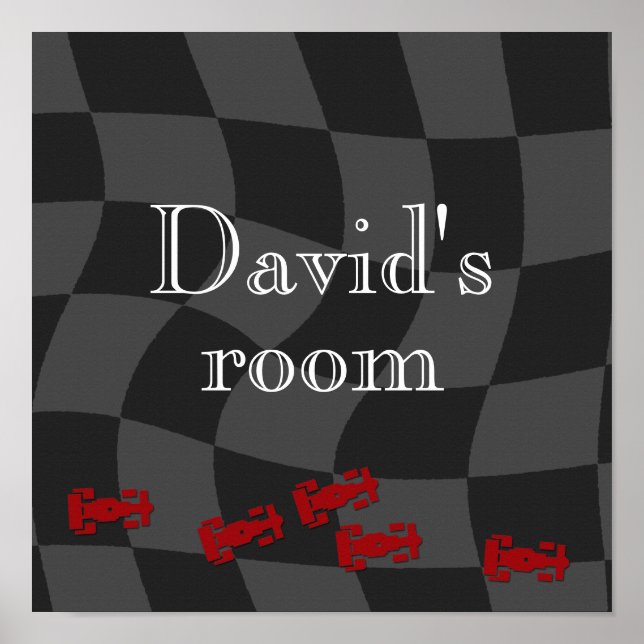 Kids Personalized Name Template Checkered Race Car Poster (Front)