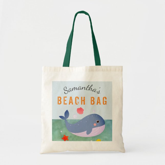 Kids Personalized Name Whale Beach Tote Bag (Front)