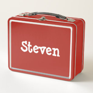 Kids Personalized Red White Whimsical Name Metal Lunch Box