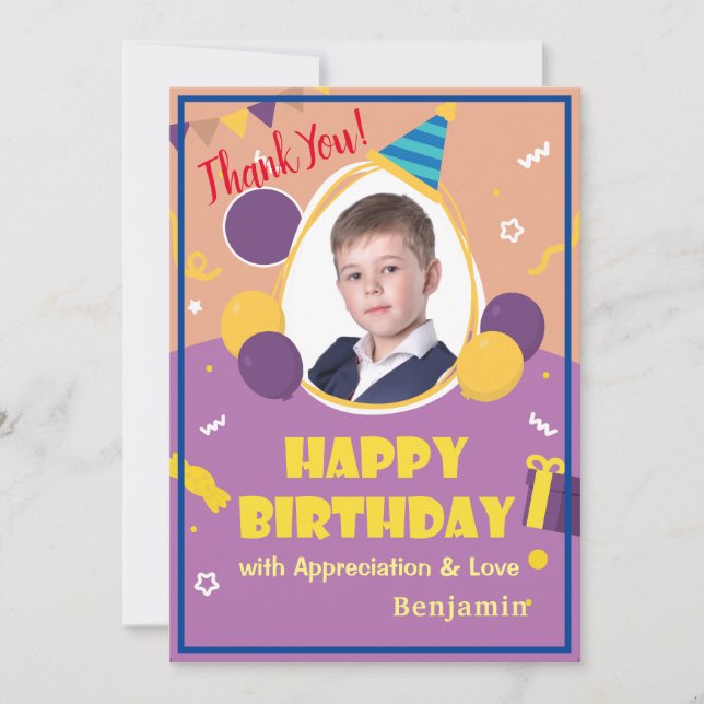 Kids Photo Balloons Happy  Birthday Personalise Thank You Card (Front)