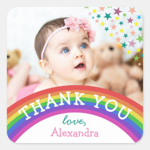 Kids Photo Birthday Thank You Sticker Rainbow