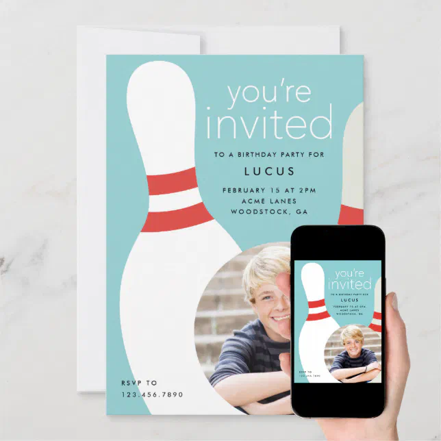 Kids Photo bowling birthday party Invitation Zazzle