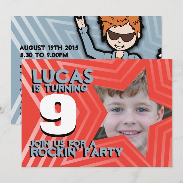Kids photo boys 9th birthday party red blue invite (Front/Back)