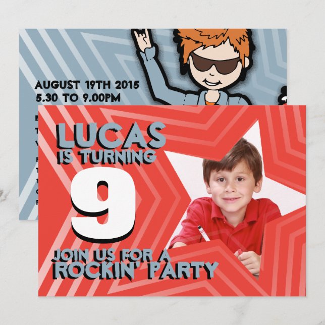Kids photo boys 9th birthday party red blue invite (Front/Back)