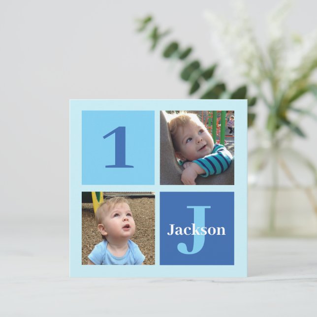 Kids Photo Custom Blue Boys 1st Birthday Party Invitation (Standing Front)