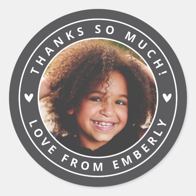 Kids Photo Cute Hearts Birthday Favour Label Grey (Front)