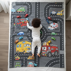 Kids Photo Road Map Cute Cartoon Vehicles Street Fleece Blanket
