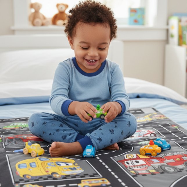 Kids Photo Road Map Cute Cartoon Vehicles Street Fleece Blanket (Creator Uploaded)