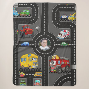 Kids Photo Road Map Cute Cartoon Vehicles Street Sherpa Blanket