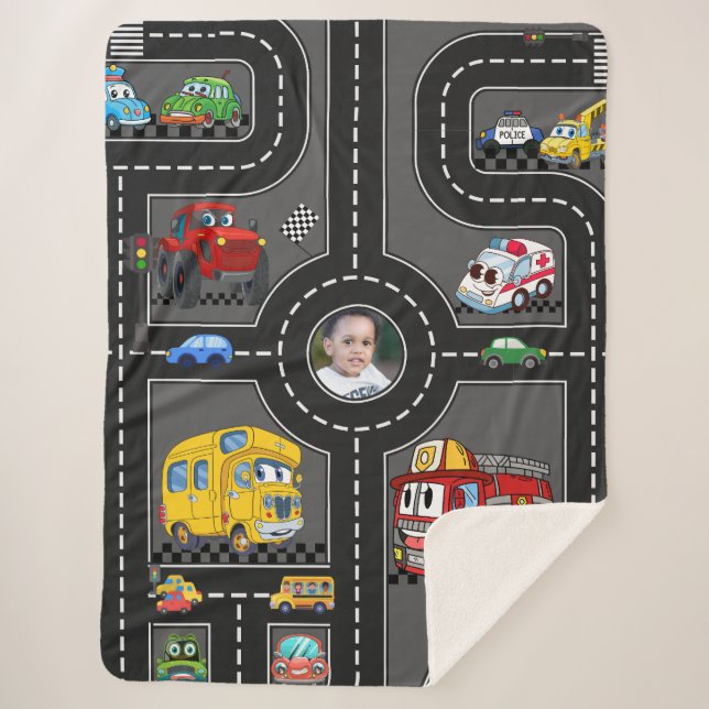 Kids Photo Road Map Cute Cartoon Vehicles Street Sherpa Blanket (Front)