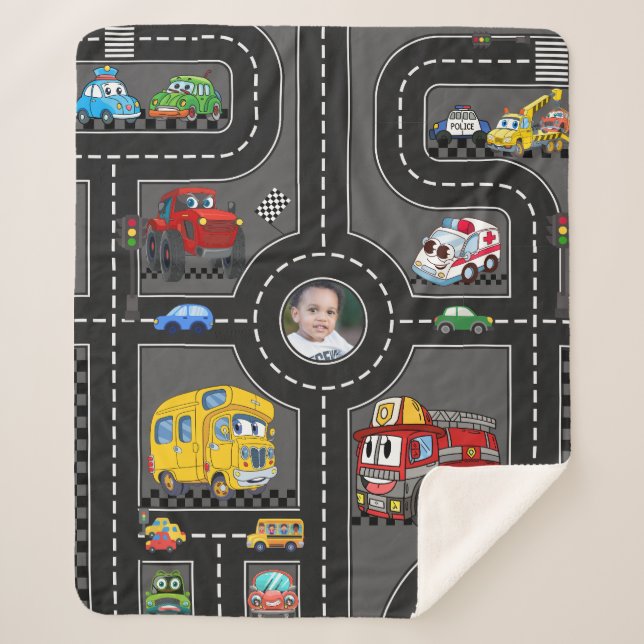 Kids Photo Road Map Cute Cartoon Vehicles Street Sherpa Blanket (Front)