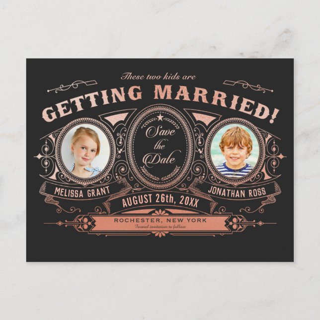 Kids Photo Save the Date Postcards Rose Gold Foil (Front)