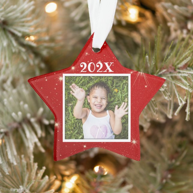Kids Photo Twinkling Stars Red Christmas Ornament (Tree)