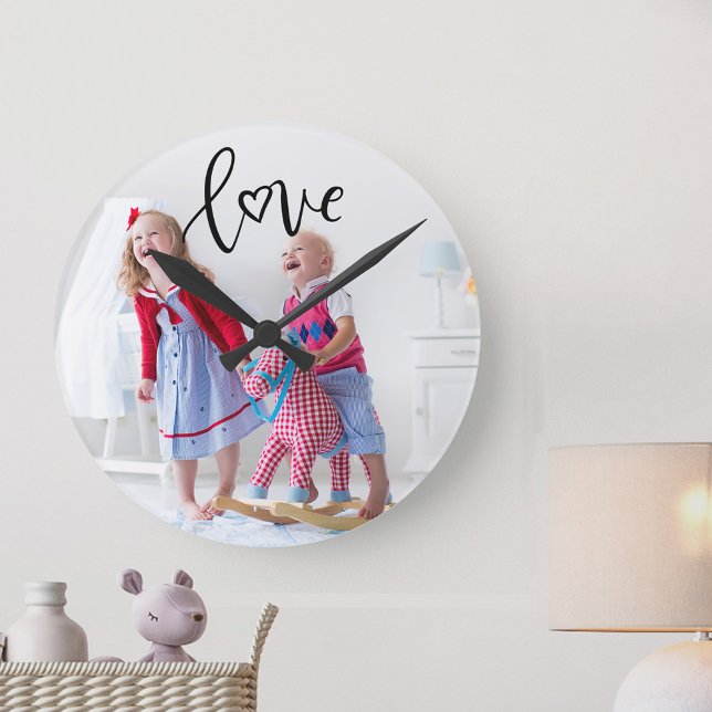 Kids Photo with Love Text Overlay Round Clock (Photo clock, minimal design. Full size photo and just "love" lettered with a sweet love heart)