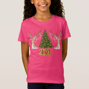 Kids Pink 2026 Reindeer Christmas T-Shirt