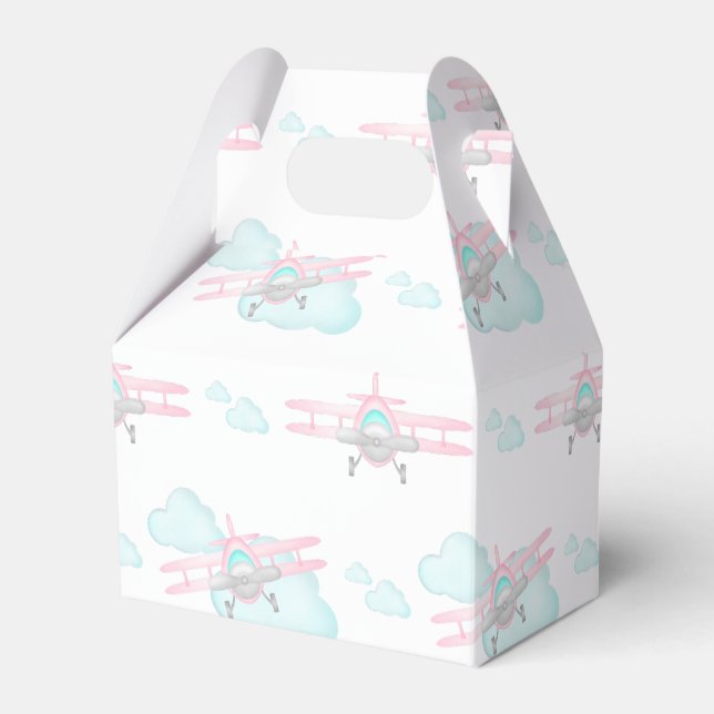 Kids Pink Airplane Flying Aviation Birthday Favour Box (Front Side)