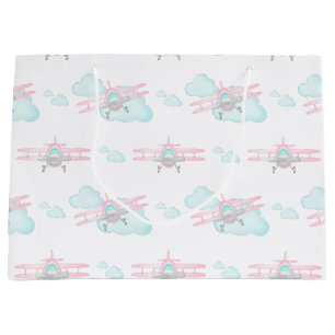 Kids Pink Airplane Flying Aviation Birthday Large Gift Bag