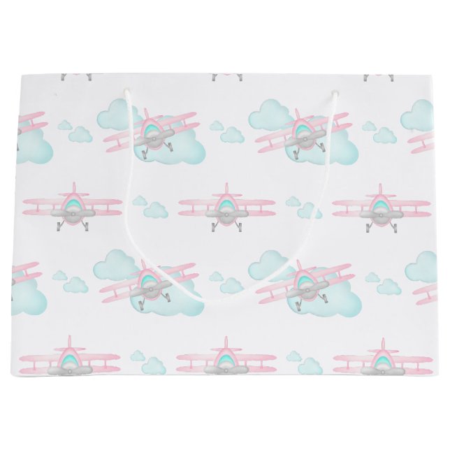 Kids Pink Airplane Flying Aviation Birthday Large Gift Bag (Front)