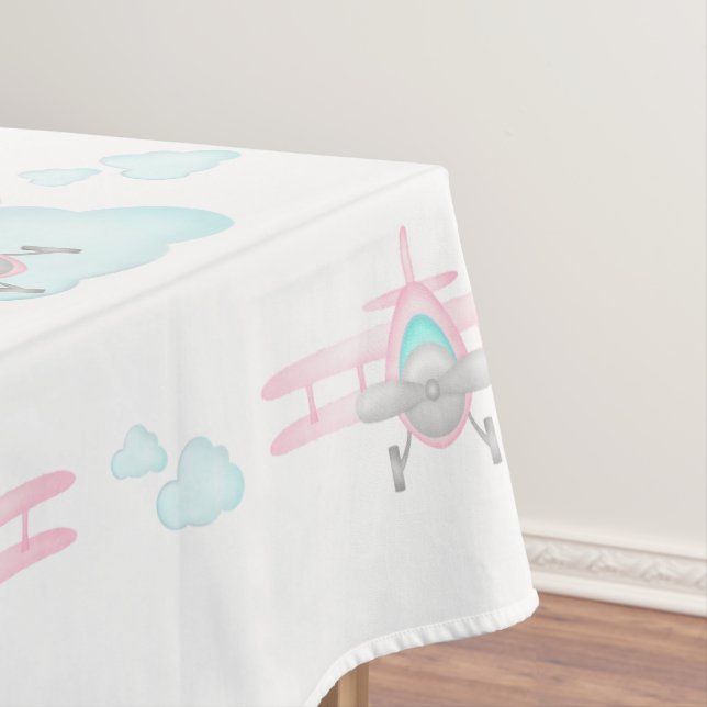 Kids Pink Airplane Flying Aviation Birthday Tablecloth (In Situ)