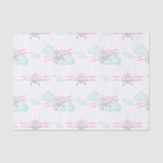 Kids Pink Airplane Flying Aviation Birthday Tissue Paper (Front)
