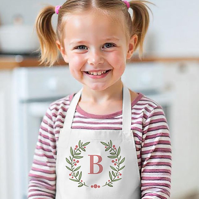 Kids Pink and Green Floral Monogram  Apron (Creator Uploaded)