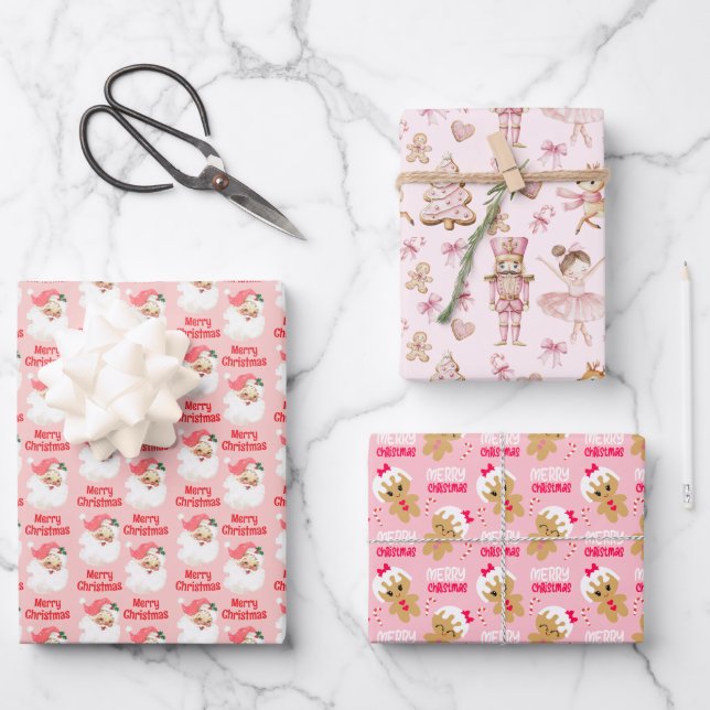 Kids Pink Christmas Wrapping Paper Sheet Set of 3 (Front)