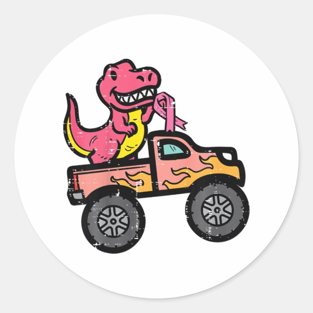 Kids Pink Dino Monster Truck Breast Cancer Awarene Classic Round Sticker (Front)