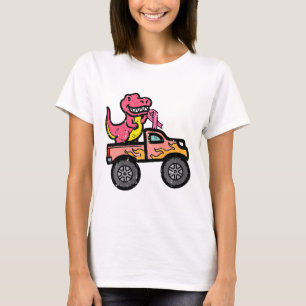 Kids Pink Dino Monster Truck Breast Cancer Awarene T-Shirt