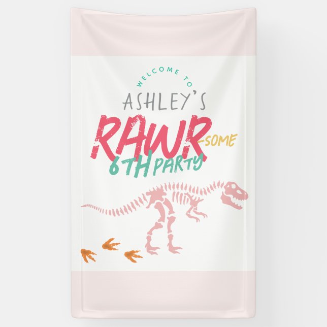 Kids Pink Dinosaur Girls Birthday Welcome Sign (Vertical)