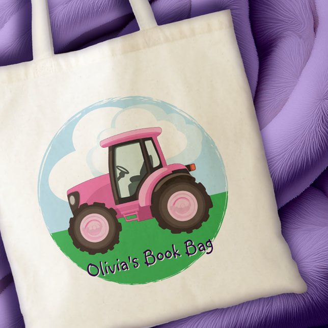 Kids Pink Farm Tractor Cute Girly Personalised Tote Bag (Kids Pink Farm Tractor Cute Girly Personalized Tote Bag)