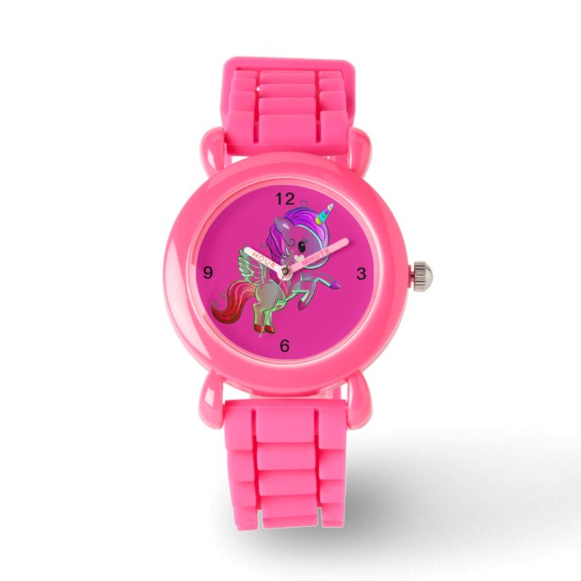 Kids Pink Glitter Strap Cute Winged Unicorn Watch (Front)