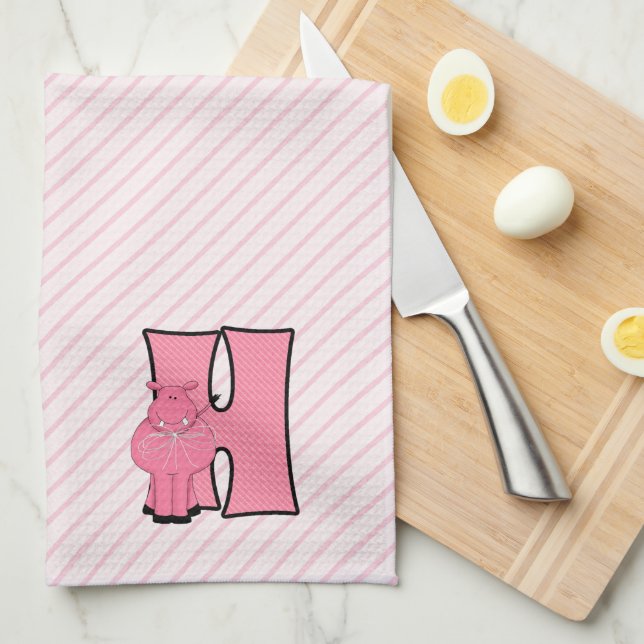 Kid's Pink Hippo Monogram "H" Towel (Quarter Fold)