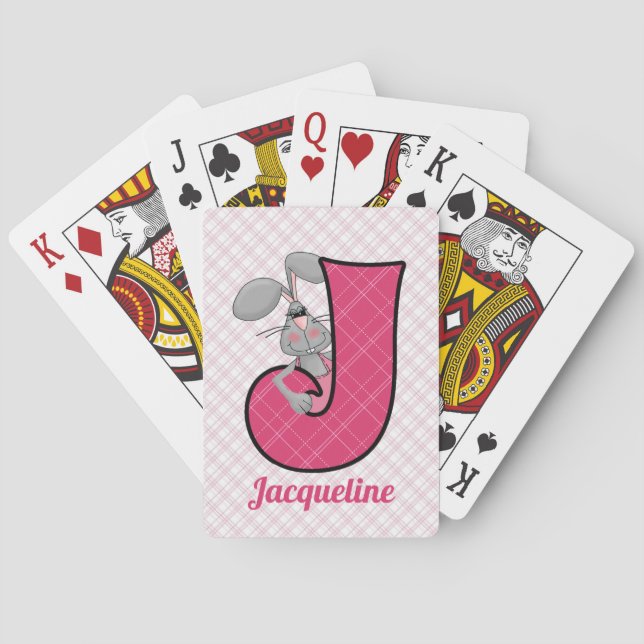 Kid's Pink Jackrabbit Monogram Letter J and Name Playing Cards (Back)