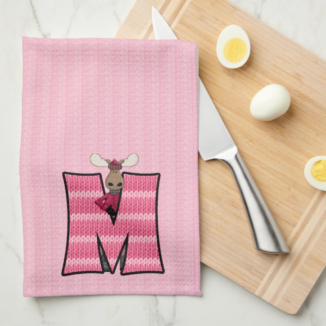Kid's Pink Knit Print Monogram Letter M Tea Towel (Quarter Fold)