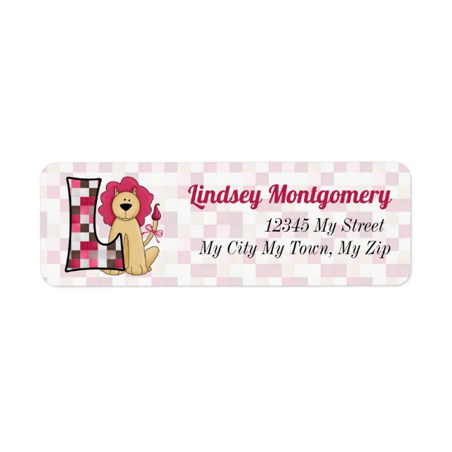Kid's Pink Lion Monogram Letter L Address (Front)