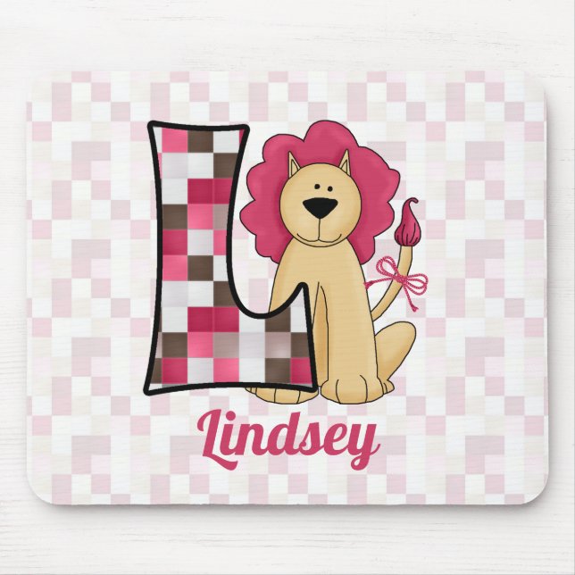 Kid's Pink Lion Monogrammed Letter L Mouse Mat (Front)