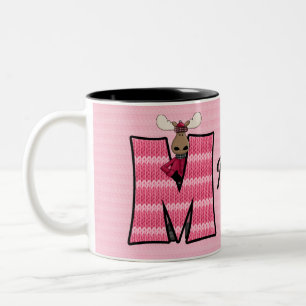 Kids Pink Moose Monogram Letter M and Name Two-Tone Coffee Mug