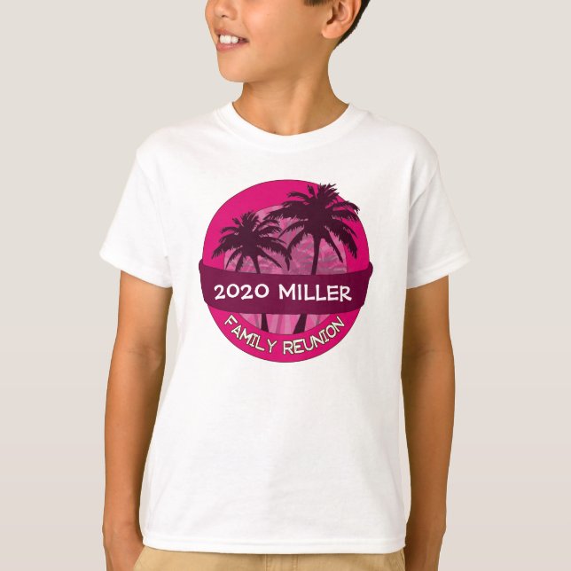 Kids pink palm tree custom name reunion tshirt (Front)